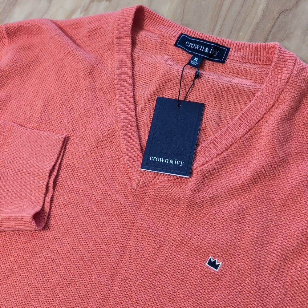 NEW Crown & Ivy Men's V‎ Neck Cashmere Blend Pullover Sweater Peach Coralista
